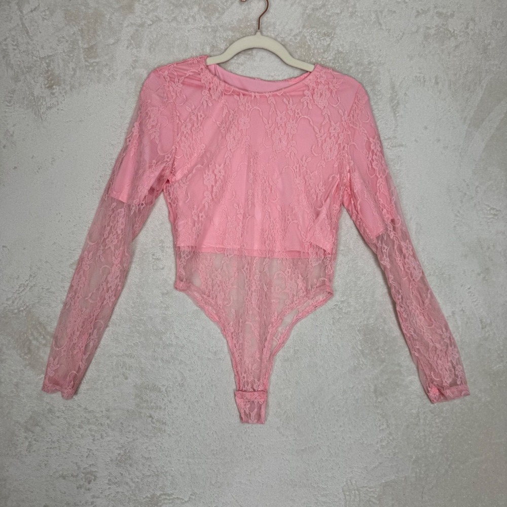Pink Lace Mesh Bodysuit Long Sleeve Sheer Coquette Fairycore Barbiecore Layering